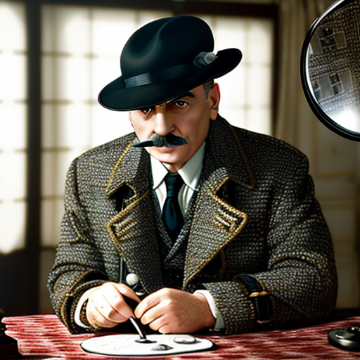 Poirot, in his room, scrutinizes a piece of fabric under a magnifying glass, the pattern matches Lady Eleanor's extravagant dress seen in a photograph on his table.